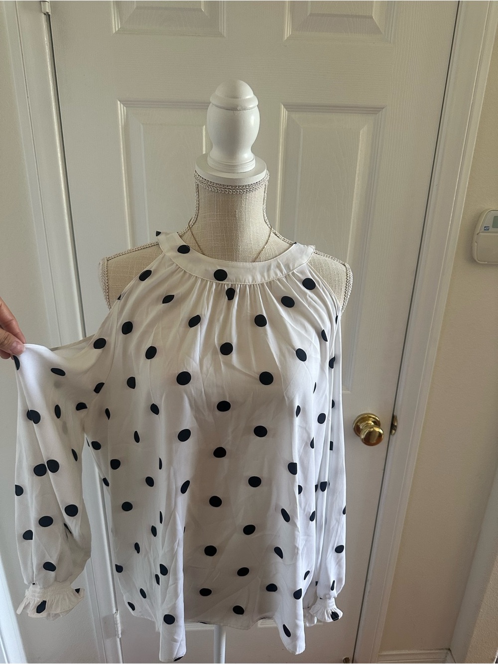 New York & Company White and Black Polka Dot Cold-Shoulder Blouse
